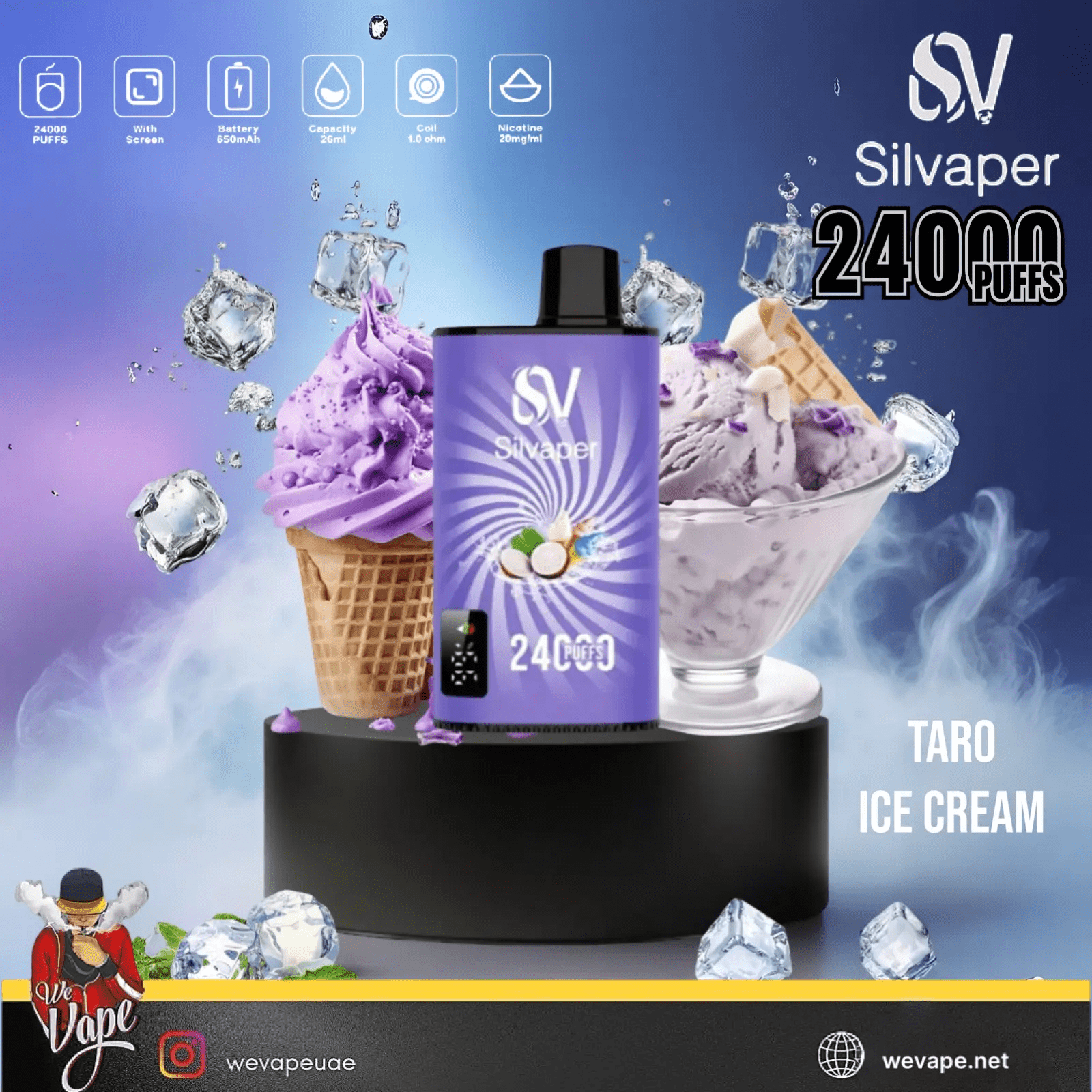 Silvaper vape device with taro ice cream and ice cubes on a colorful background