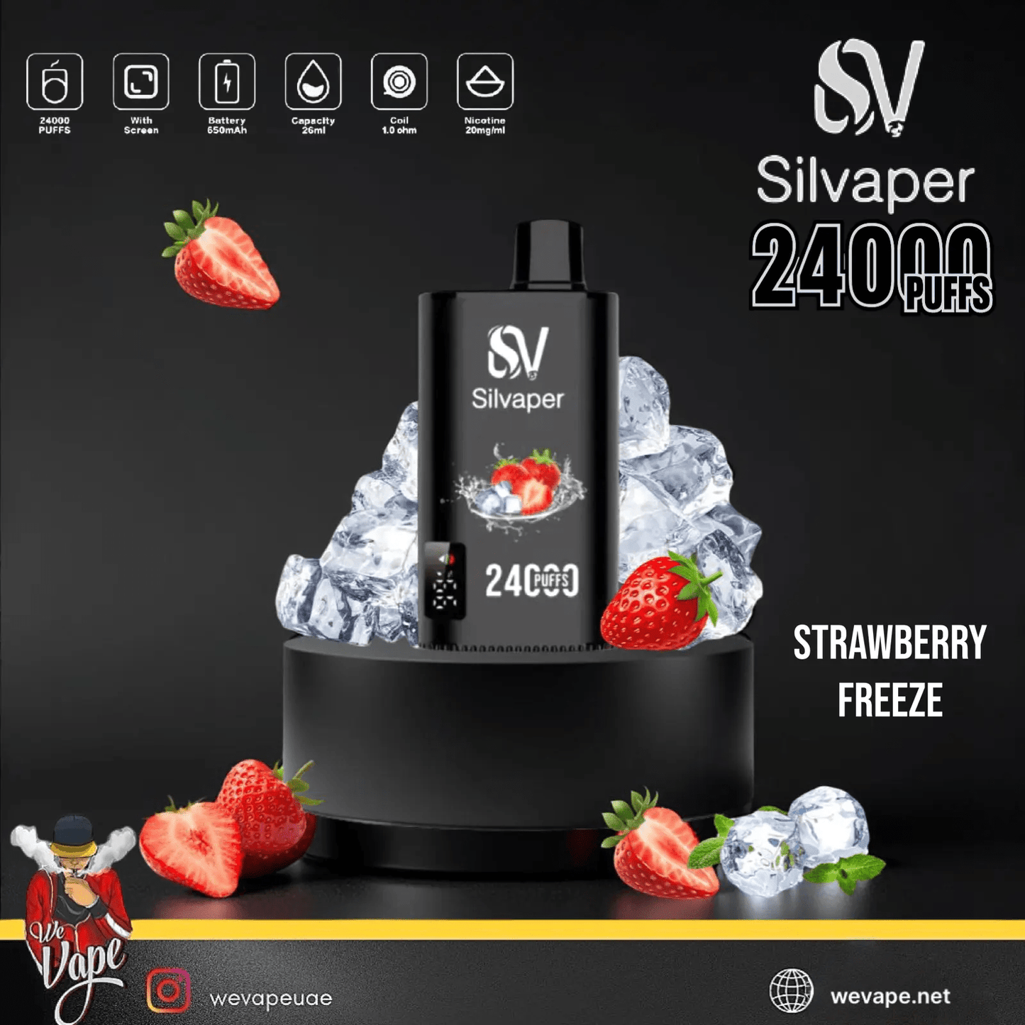 Silvaper vape device with strawberry Freeze flavor on a black background