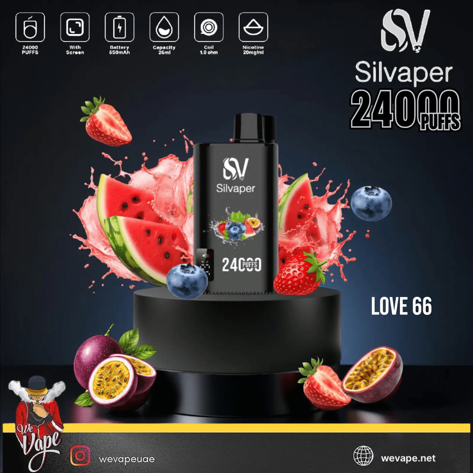 Silvaper vape device with fruit graphics on a dark background