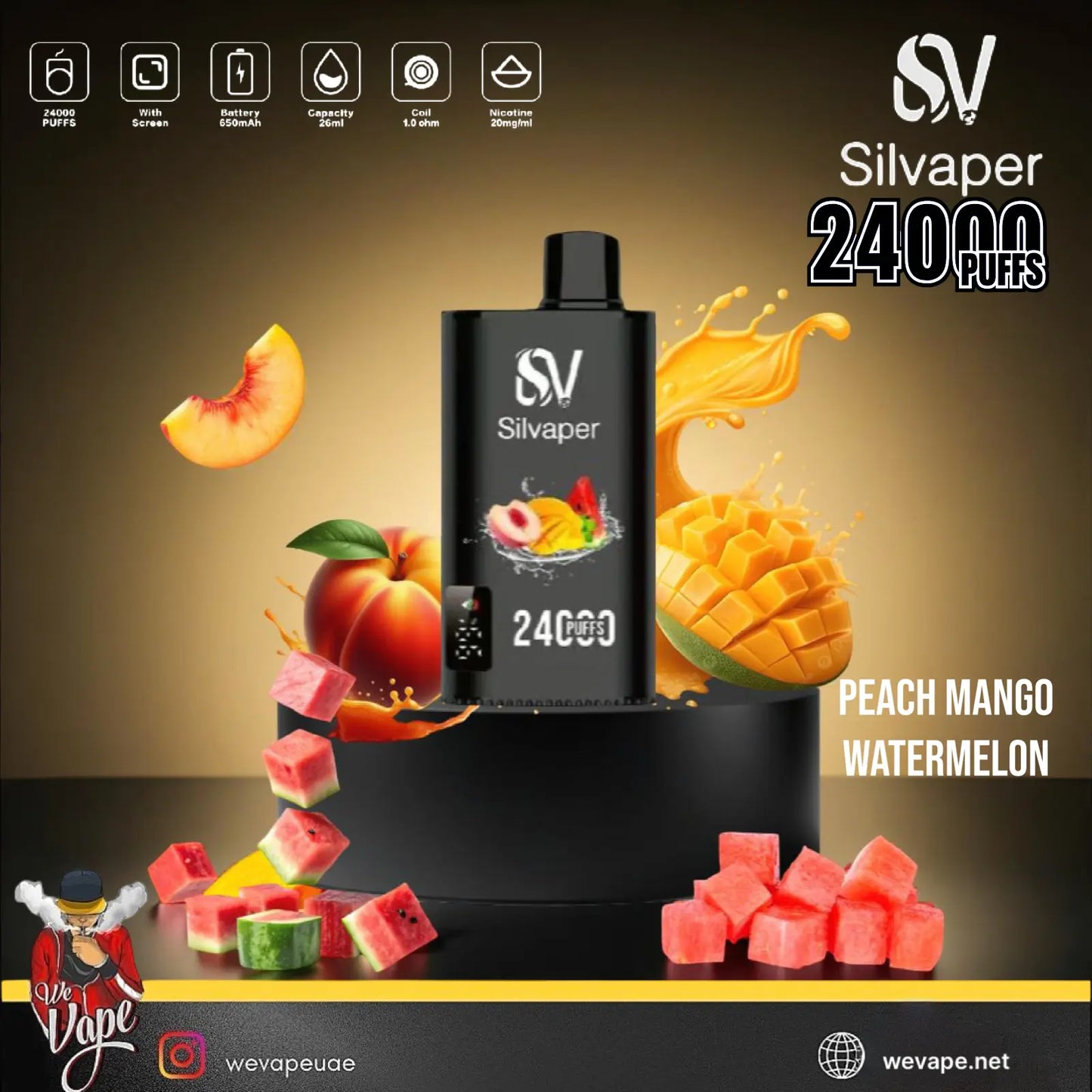 Silvaper vape device with peach, mango, and watermelon graphics on a dark background