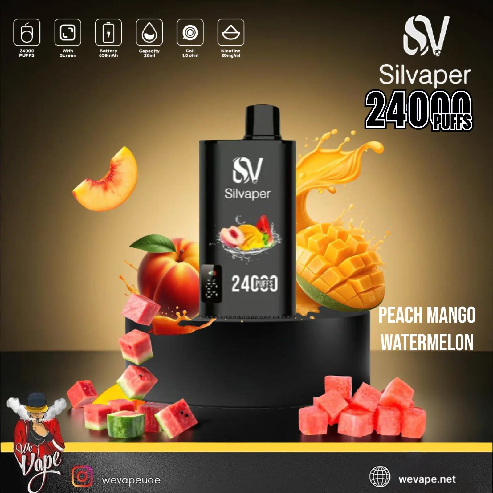 Silvaper vape device with peach, mango, and watermelon graphics on a dark background