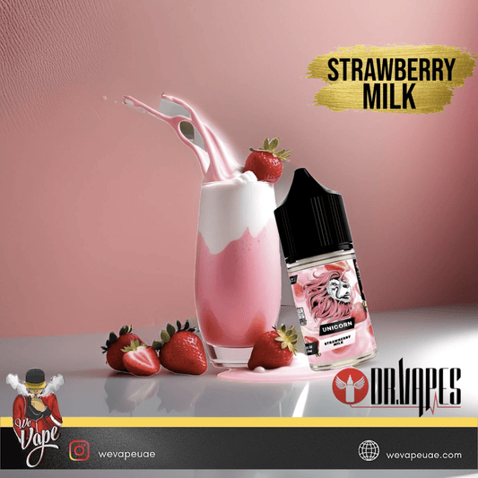 Strawberry Milk Unicorn Panther Series Nic Salt Vape Juice for MTL Devices with strawberries and strawberry shake display in pink background

