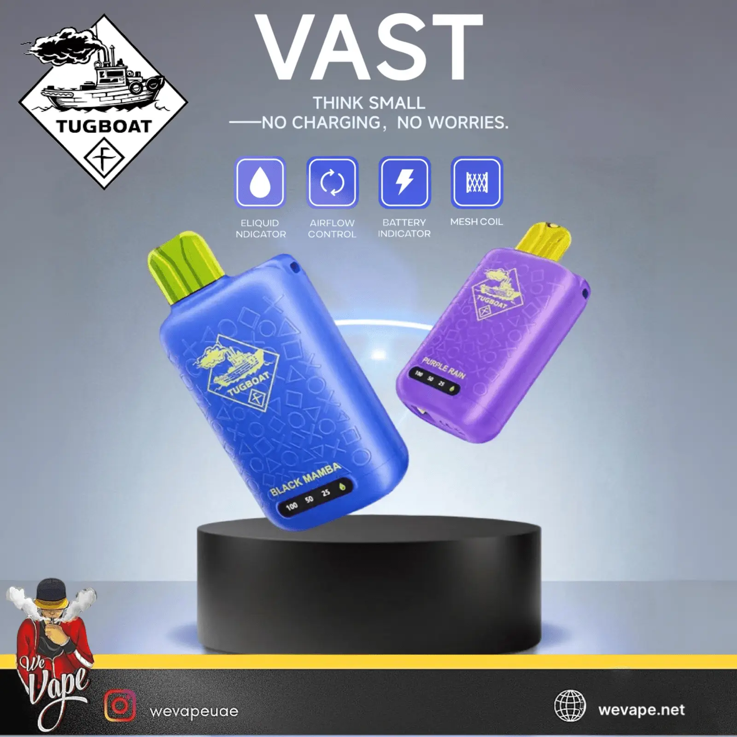 tugboat vast in 2 different colors falling design with branding 'Vast tugboat'