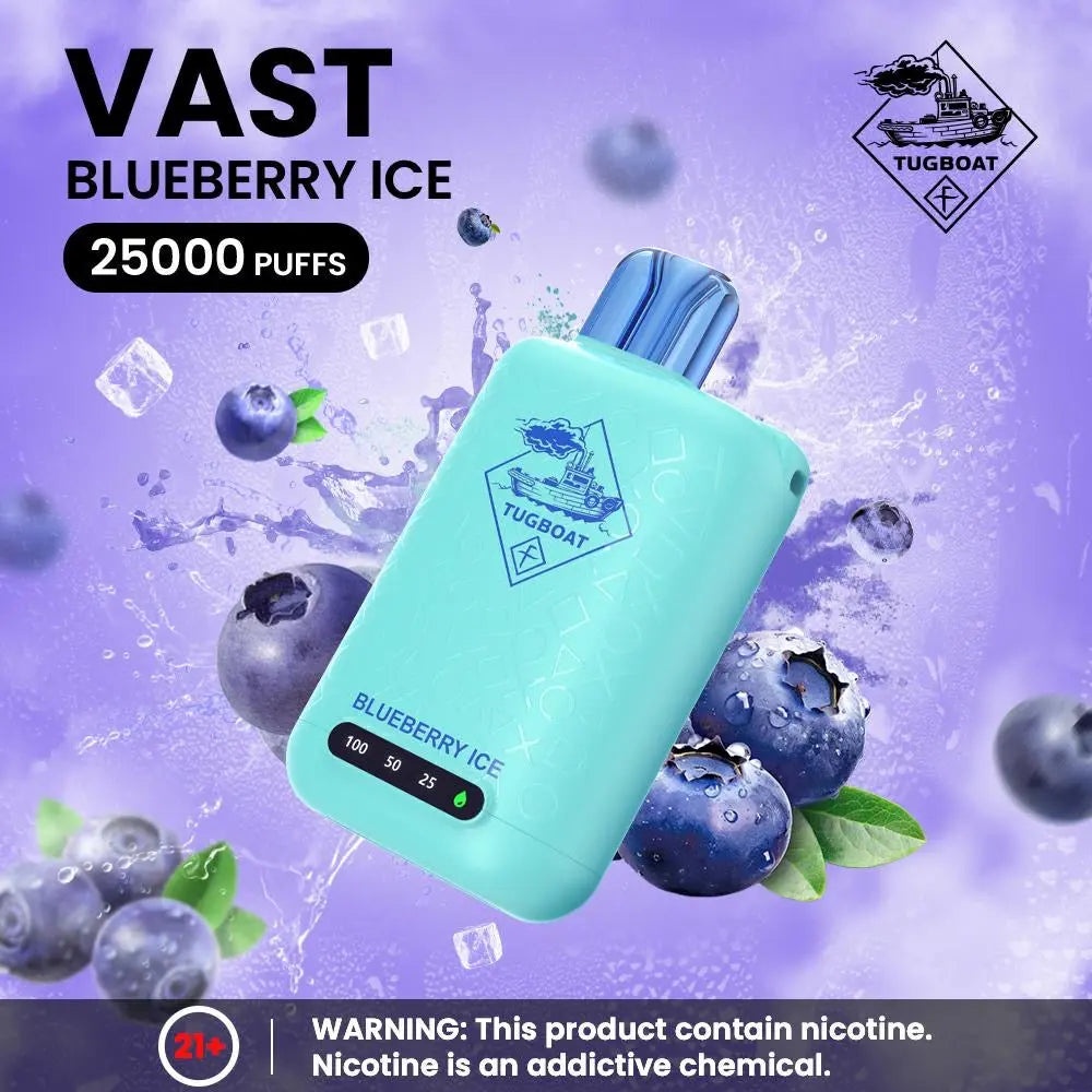 Tugboat Vast Blueberry Ice vape device with blueberries and ice cubes on a purple background. ORDER NOW