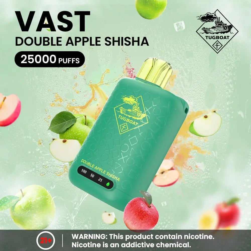 tugboat vast Green vape device with apple graphics and 'Tugboat' branding on a light green background. ORDER NOW