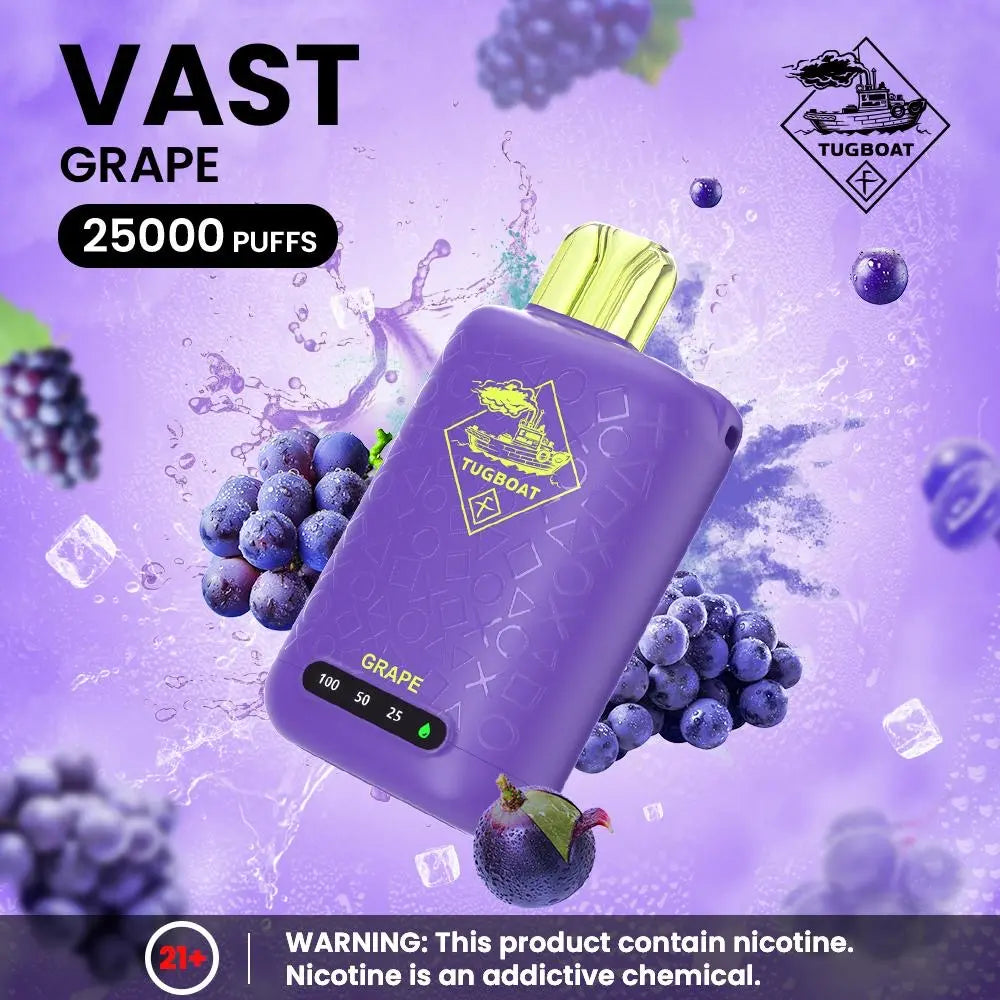 Tugboat Vast Purple vape device with grape flavor on a purple background, surrounded by grapes. ORDER NOW