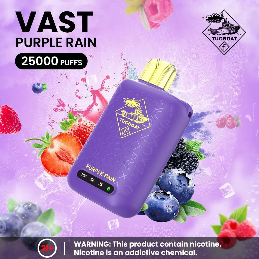 Purple vape device with fruit graphics and 'VAST Purple Rain' branding on a colorful background. ORDER NOW