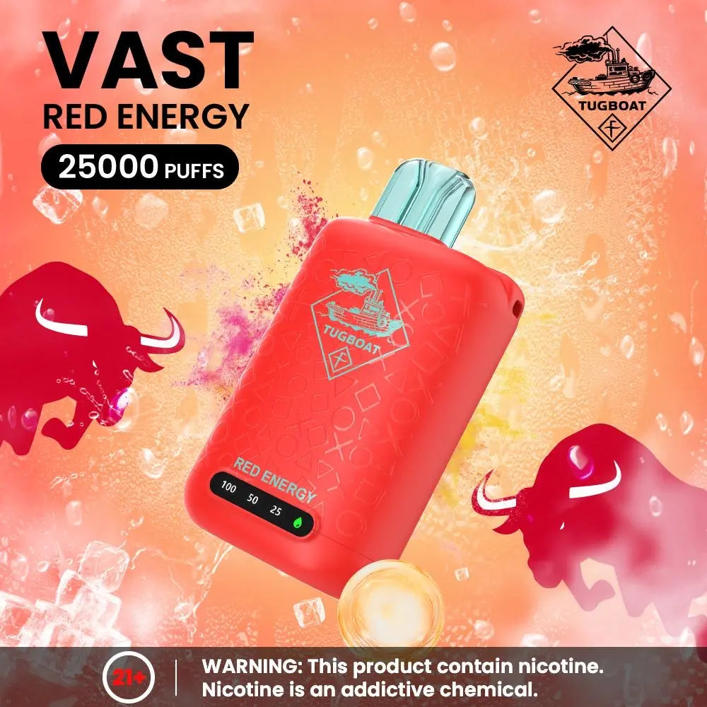 Tugboat Vape Red vape device with 'VAST RED ENERGY' branding on a colorful background with ice and bull graphics. ORDER NOW