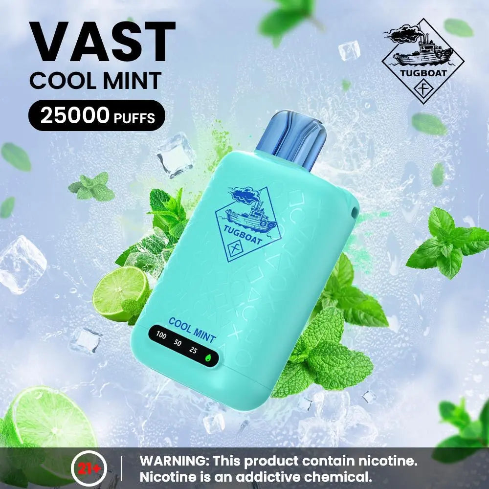 Tugboat Vast Cool Mint vape device with mint leaves and ice cubes on a light blue background. ORDER NOW