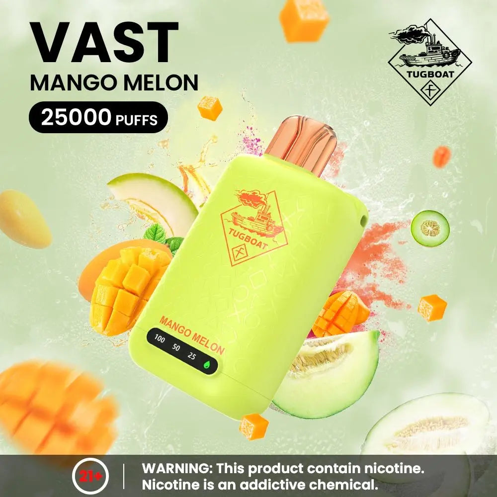 tugboat Vast Mango Melon vape device with mango and melon graphics on a light green background . ORDER NOW