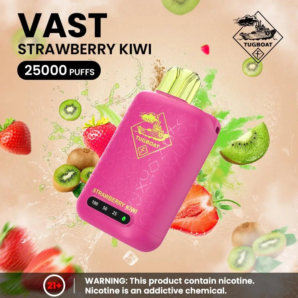 tugboat vast Pink vape device with strawberry kiwi flavor on a colorful background with strawberries and kiwi. ORDER NOW