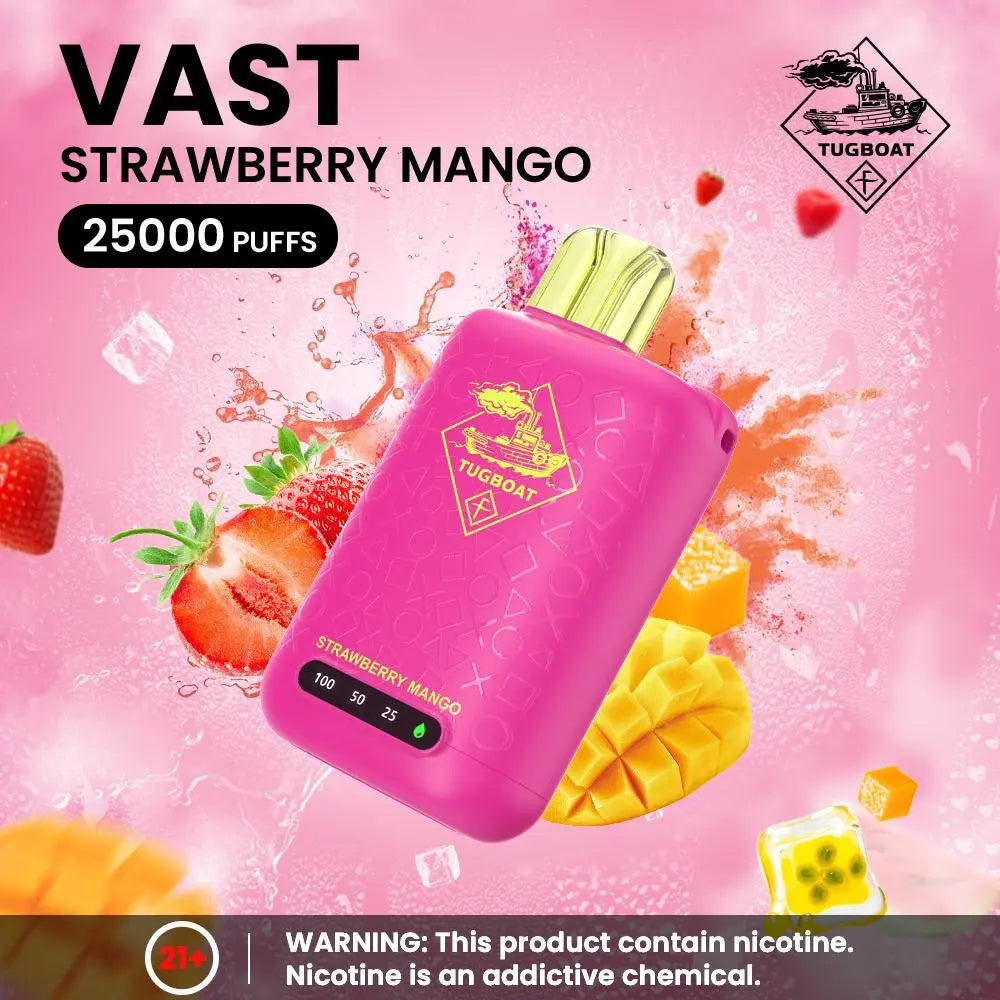 Tugboat Vast Strawberry Mango vape device on a pink background with fruit graphics and Tugboat branding. ORDER NOW