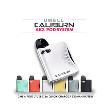 Load image into Gallery viewer, UWELL Caliburn AK3 Pod System - Experience the convenience of 2ml A pods, fast USB-C 2A Quick Charge, and a powerful 520mAh battery.
