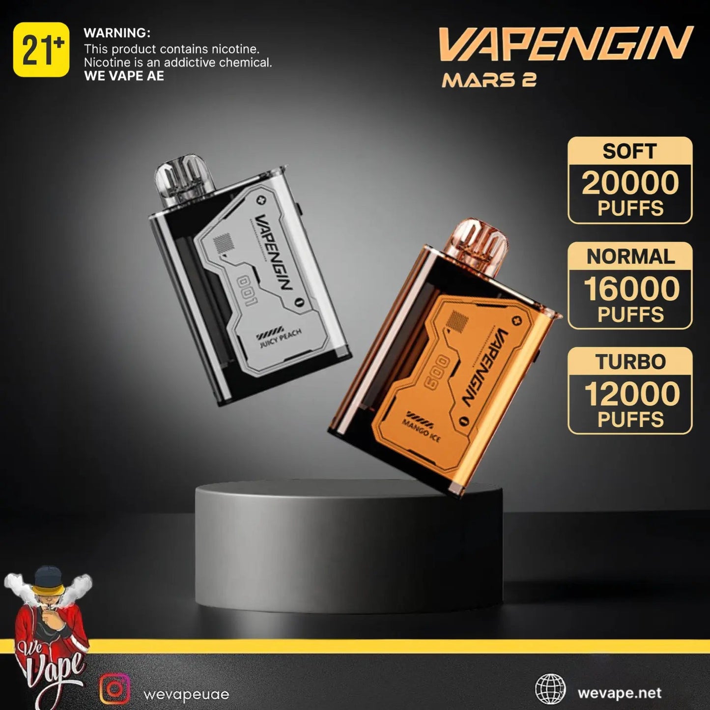 Two Vapengin Mars 2 vape devices on a black background with puff count information.