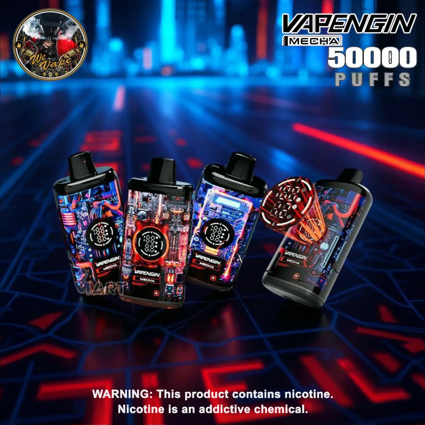 Vaping devices with colorful designs on a futuristic cityscape background, featuring the brand 'Vapenfin'.