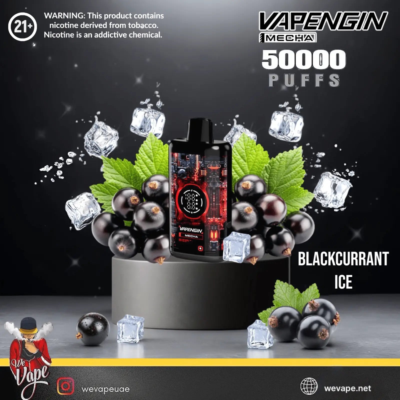 Vaping device with blackcurrant and ice elements on a dark background, featuring Vapenegin branding. Order Now