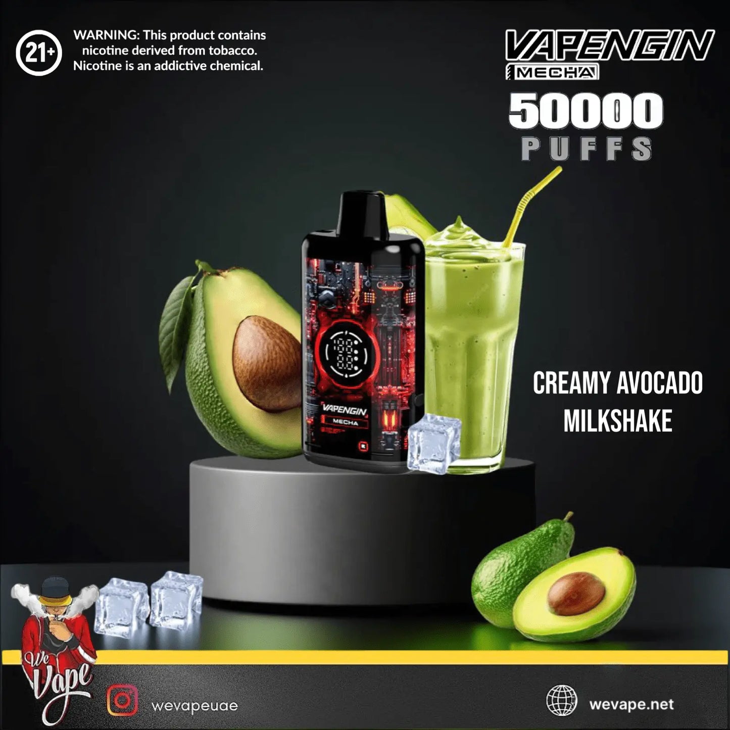 Vaping device with creamy avocado milkshake flavor on a black background. Order Now