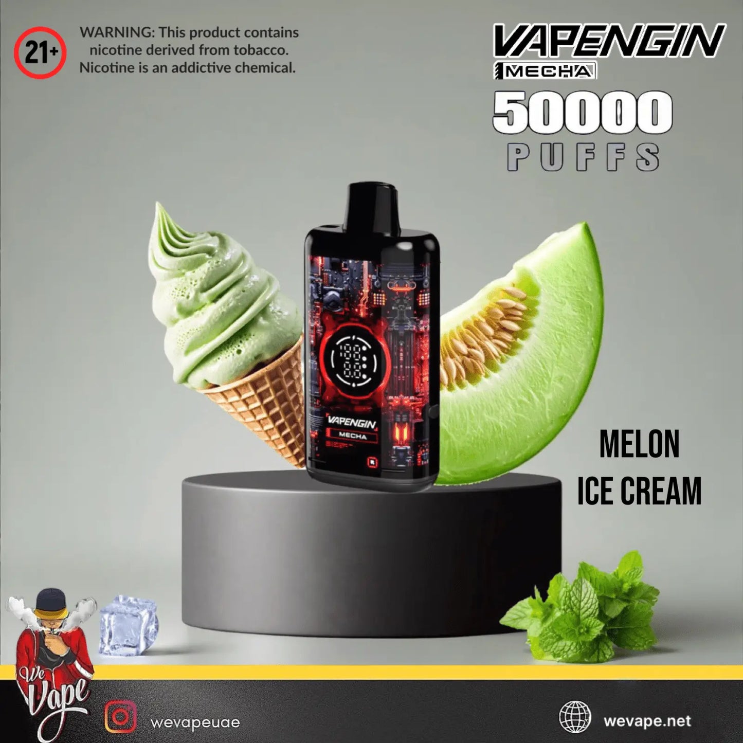 Vapening Mecha vape device with melon ice cream and a slice of melon on a gray background. Order Now