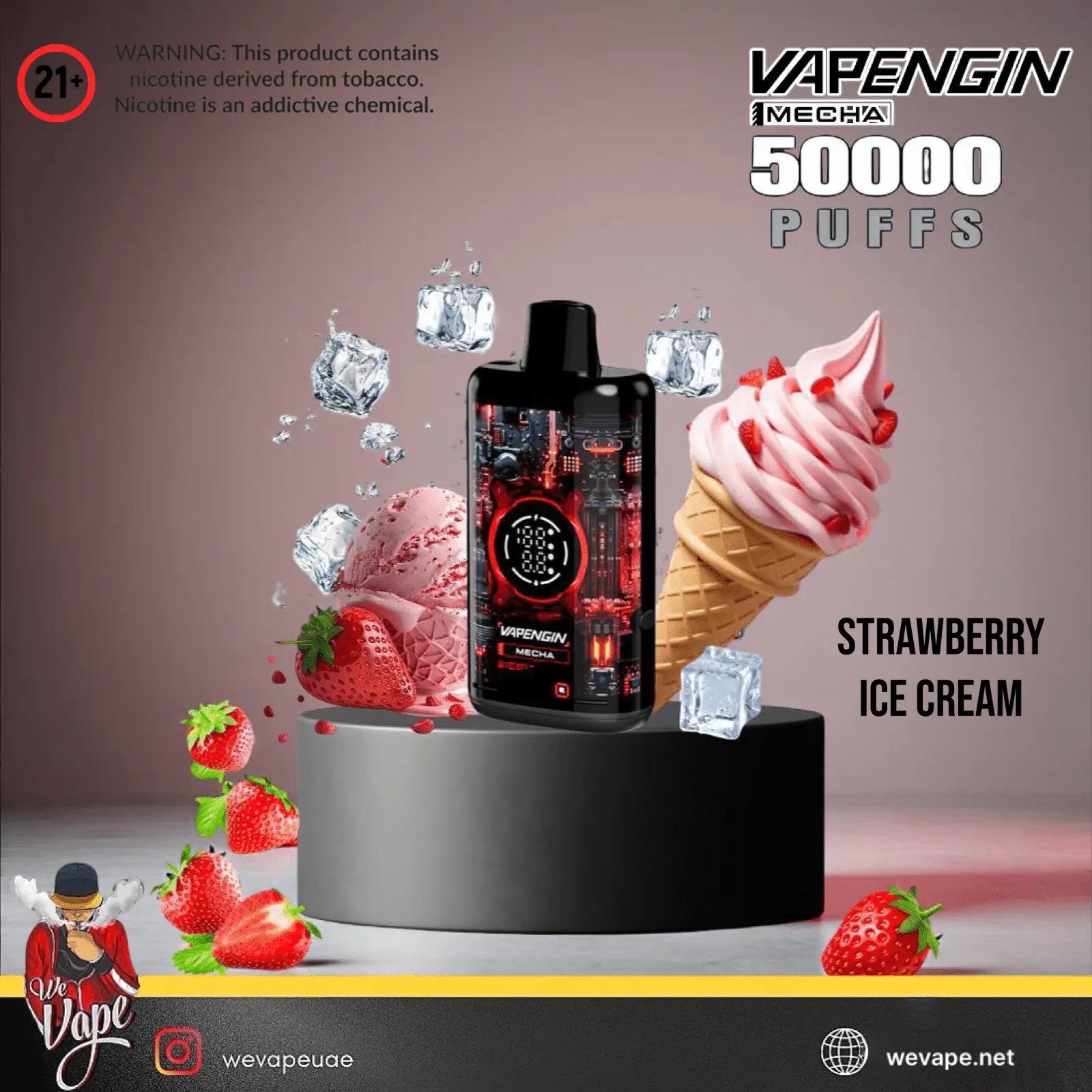 Vaping device with strawberry ice cream theme and 'Vapengin' branding. Order Now