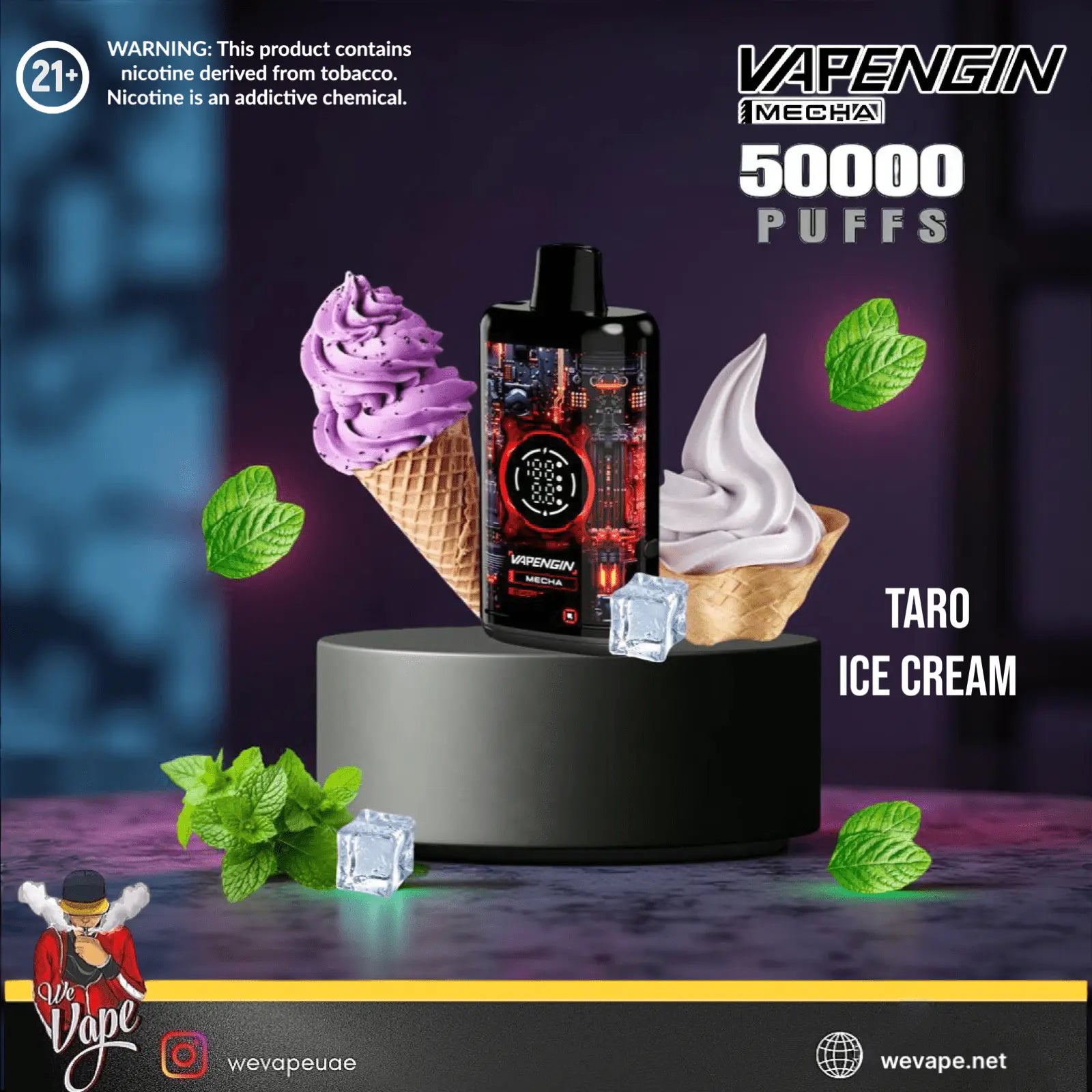 Vapengin vape device with taro ice cream flavor packaging and ice cream cones on a dark background. Order Now