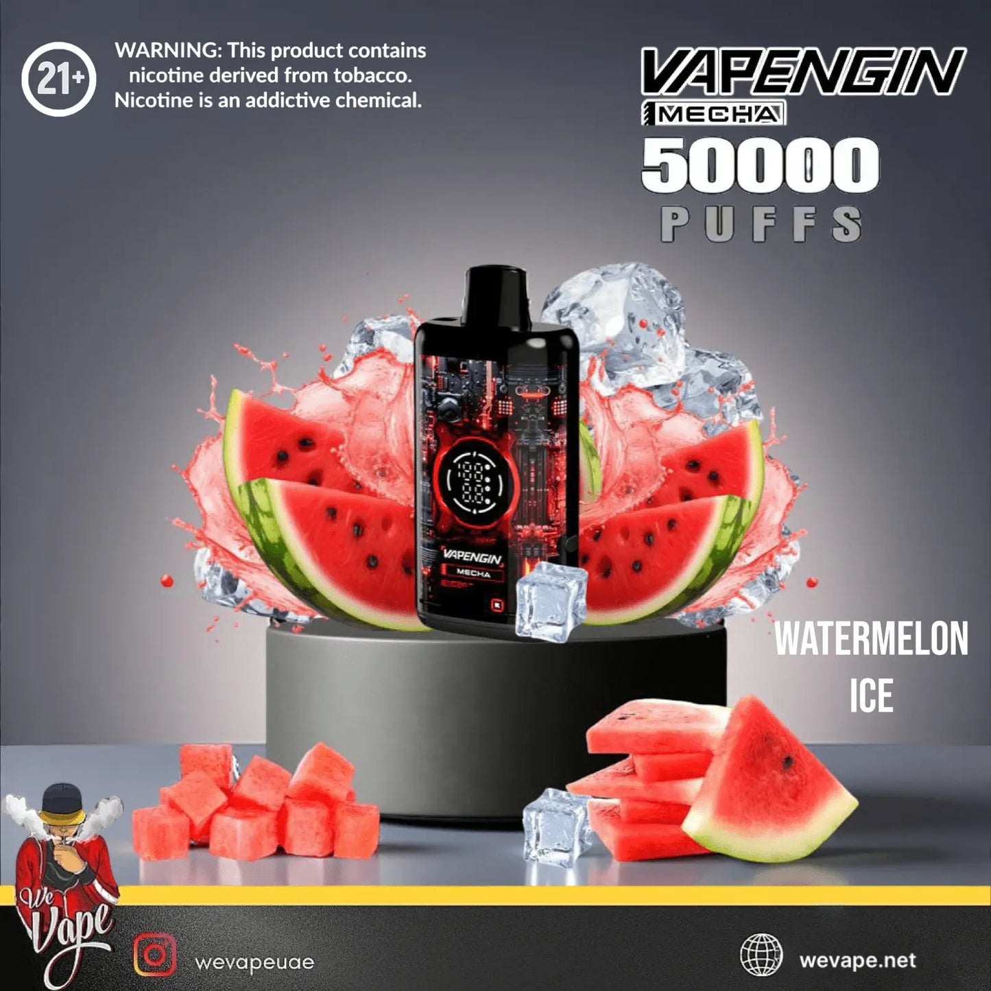 Vapengin vape device with watermelon ice flavor on a gray background> Order Now
