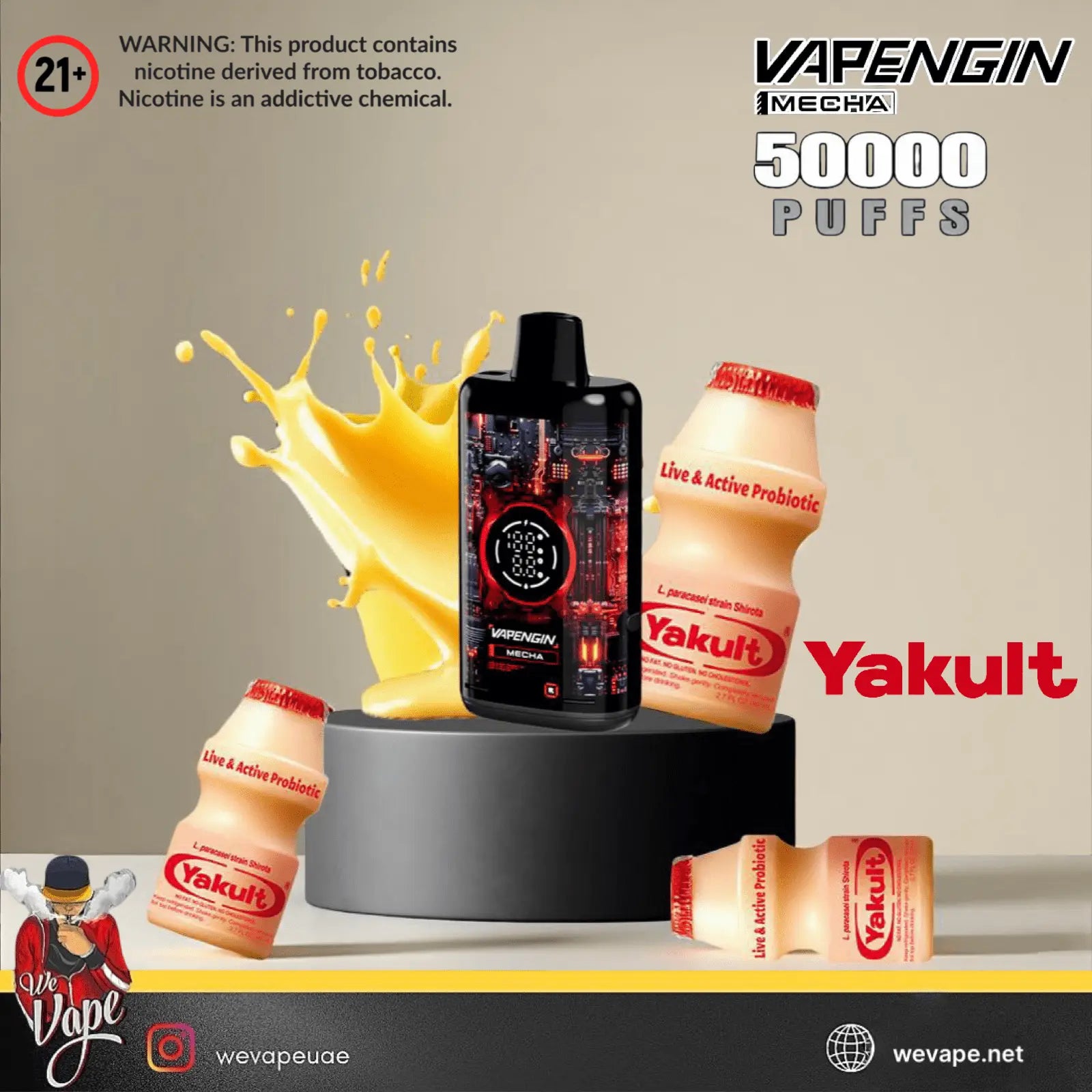 Vaping device with Yakult bottles on a gray background, featuring Vapengin branding. Now Order