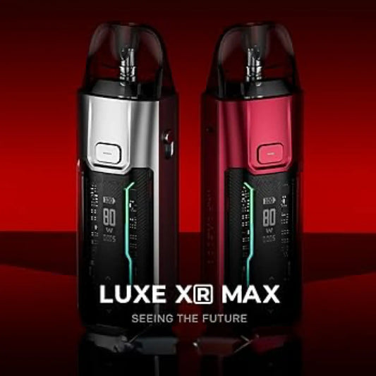 Two Luxe XR Max devices on a reflective surface with a red background