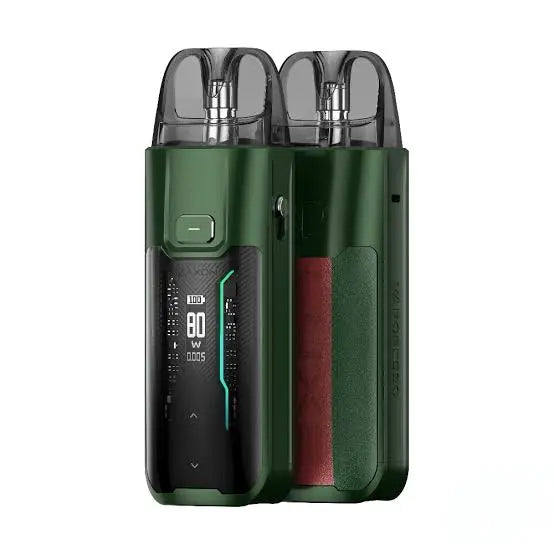 Green and black vape device with digital display on a white background. Order Now