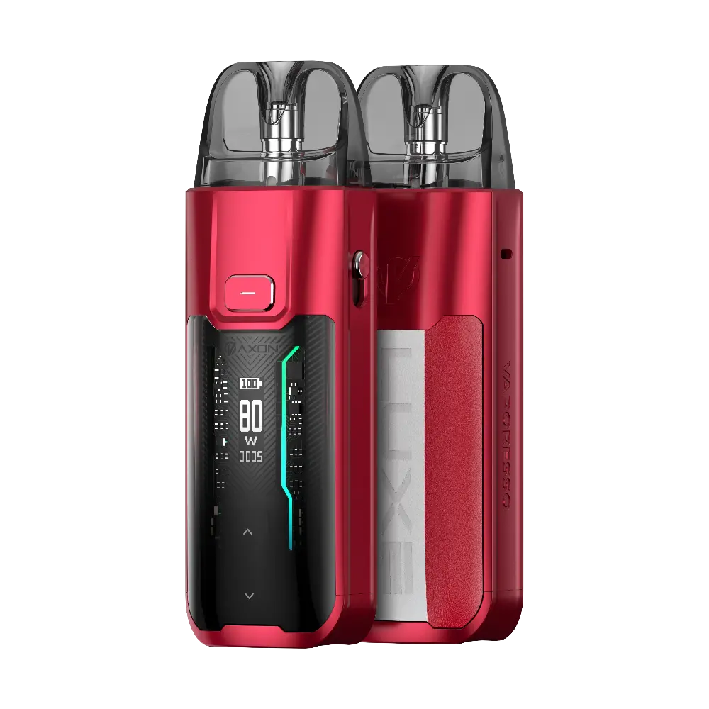Red and black vape device with digital display on a white background. Order Now