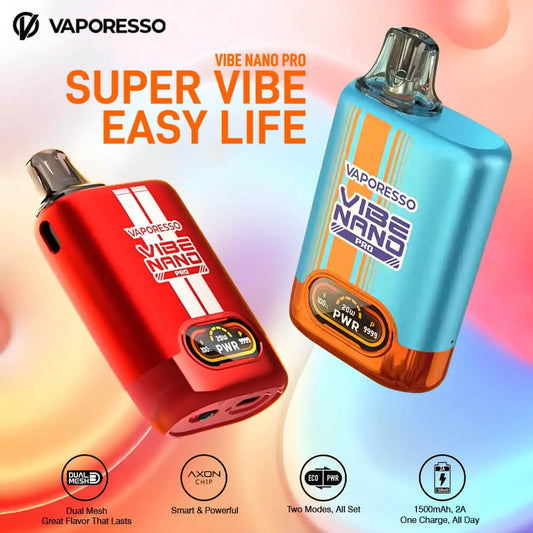 Two Vaporesso Vibe Nano Pro devices, one red and one blue, on a colorful gradient background with Vaporesso branding.