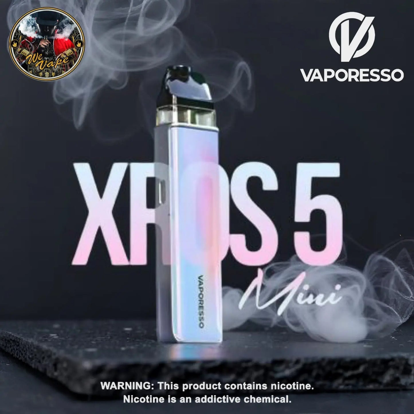 Vaporesso XPROS 5 Mini vaping device with smoke on a dark background, featuring the Vaporesso logo.