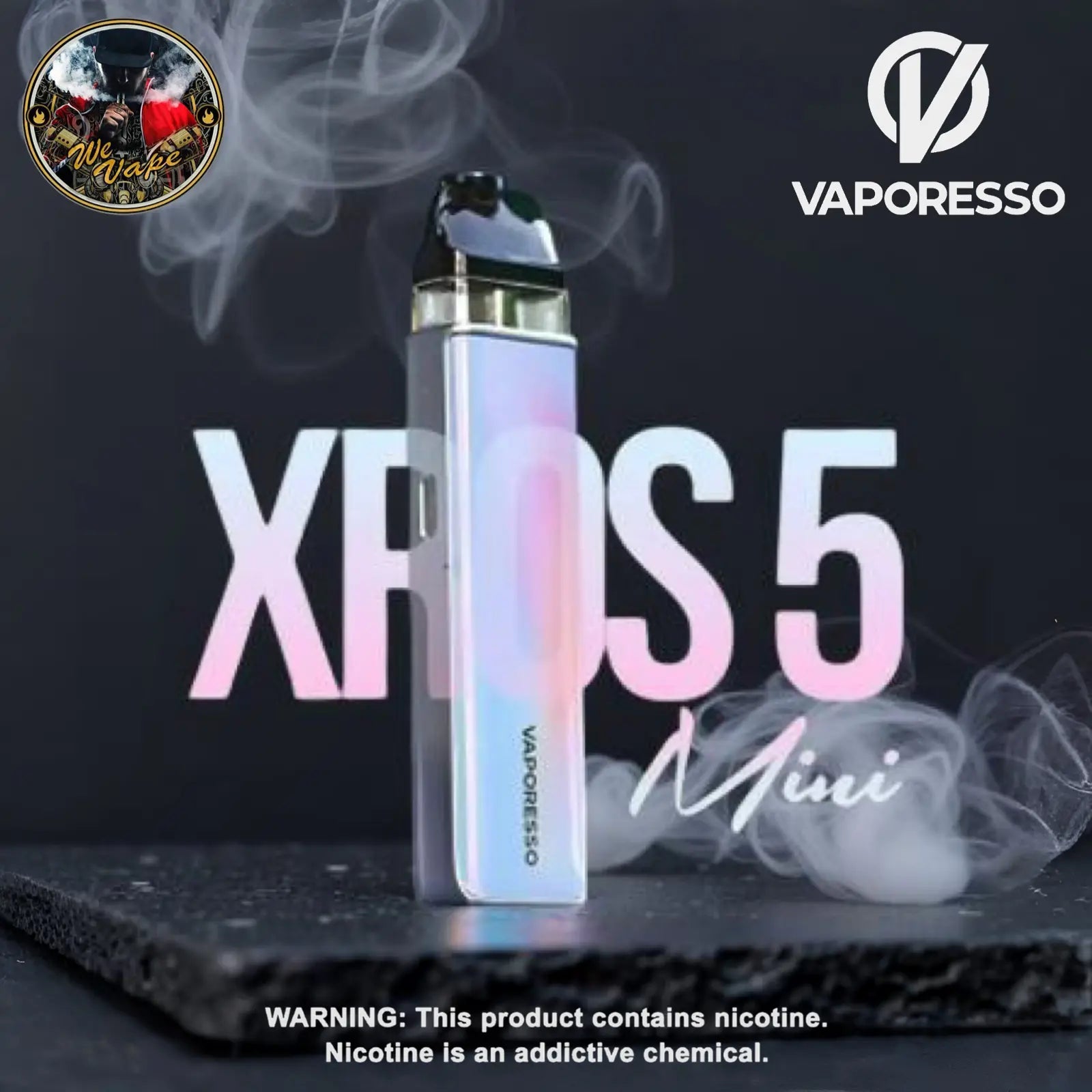 Vaporesso XPROS 5 Mini vaping device with smoke on a dark background, featuring the Vaporesso logo.