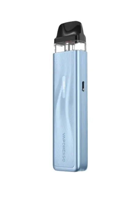 Light blue vape device with black top on a white background, Order Now