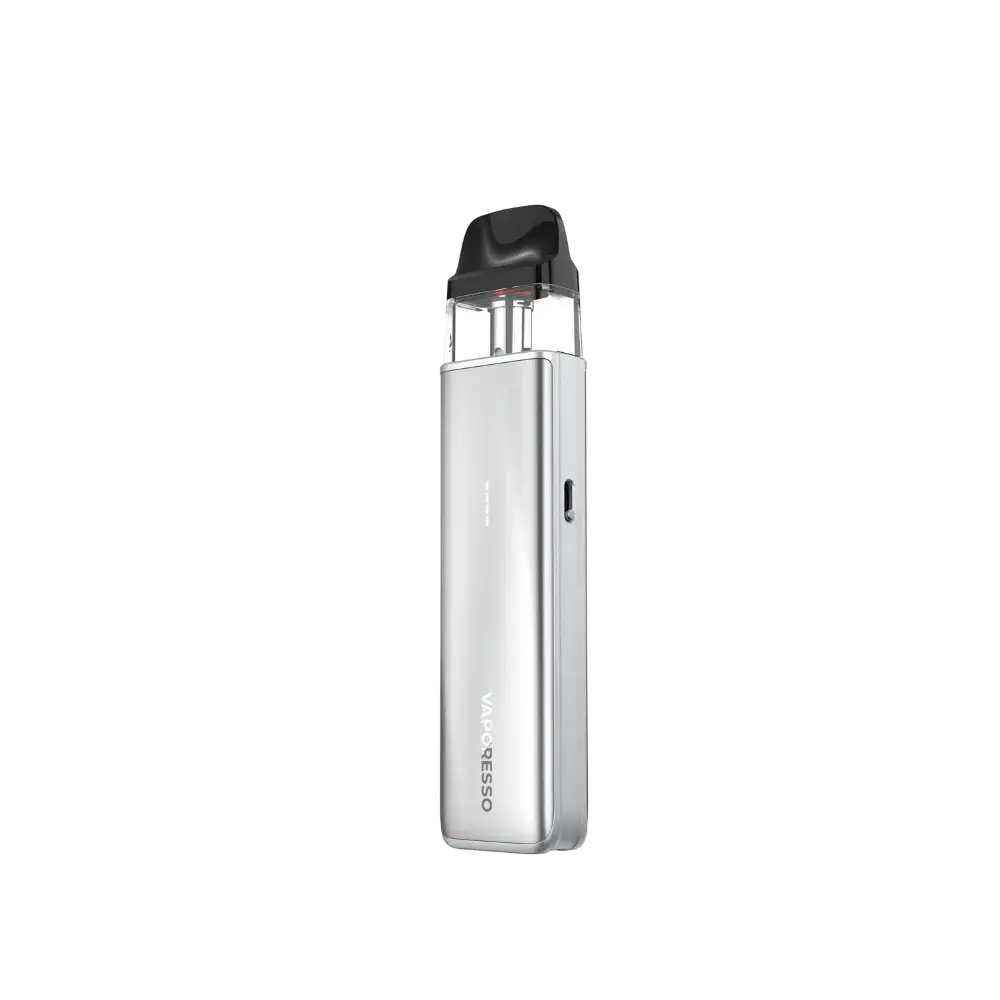 Silver vape device with black top on a white background. Order Now