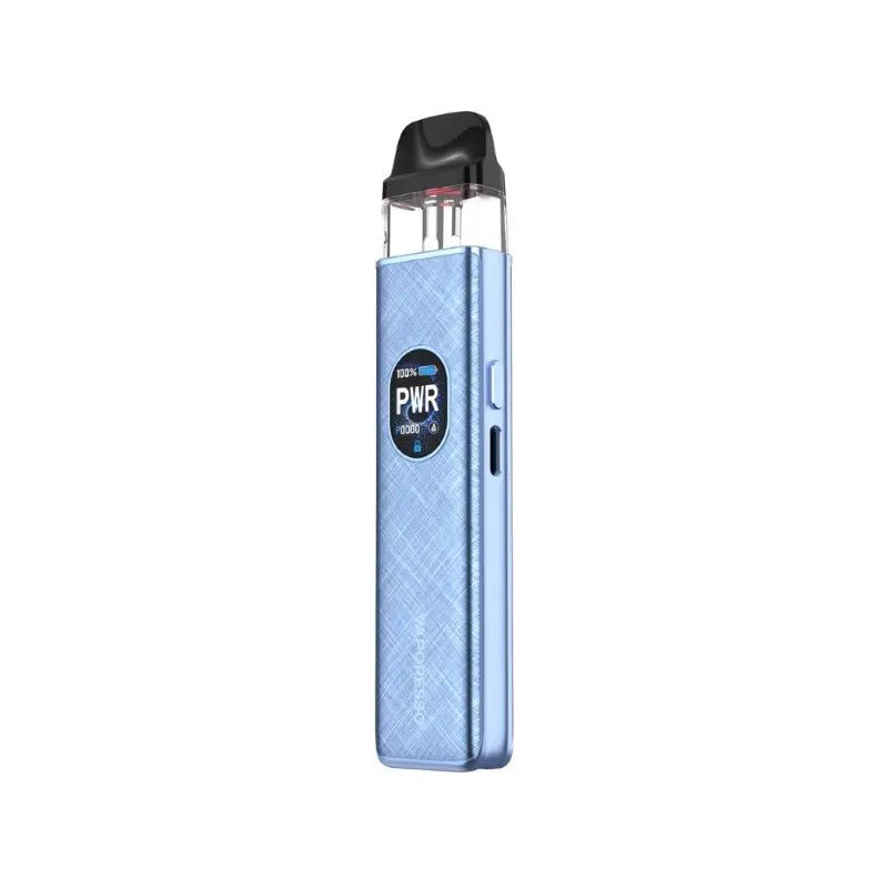 Blue vape device with 'PWR' button on a white background. Order Now