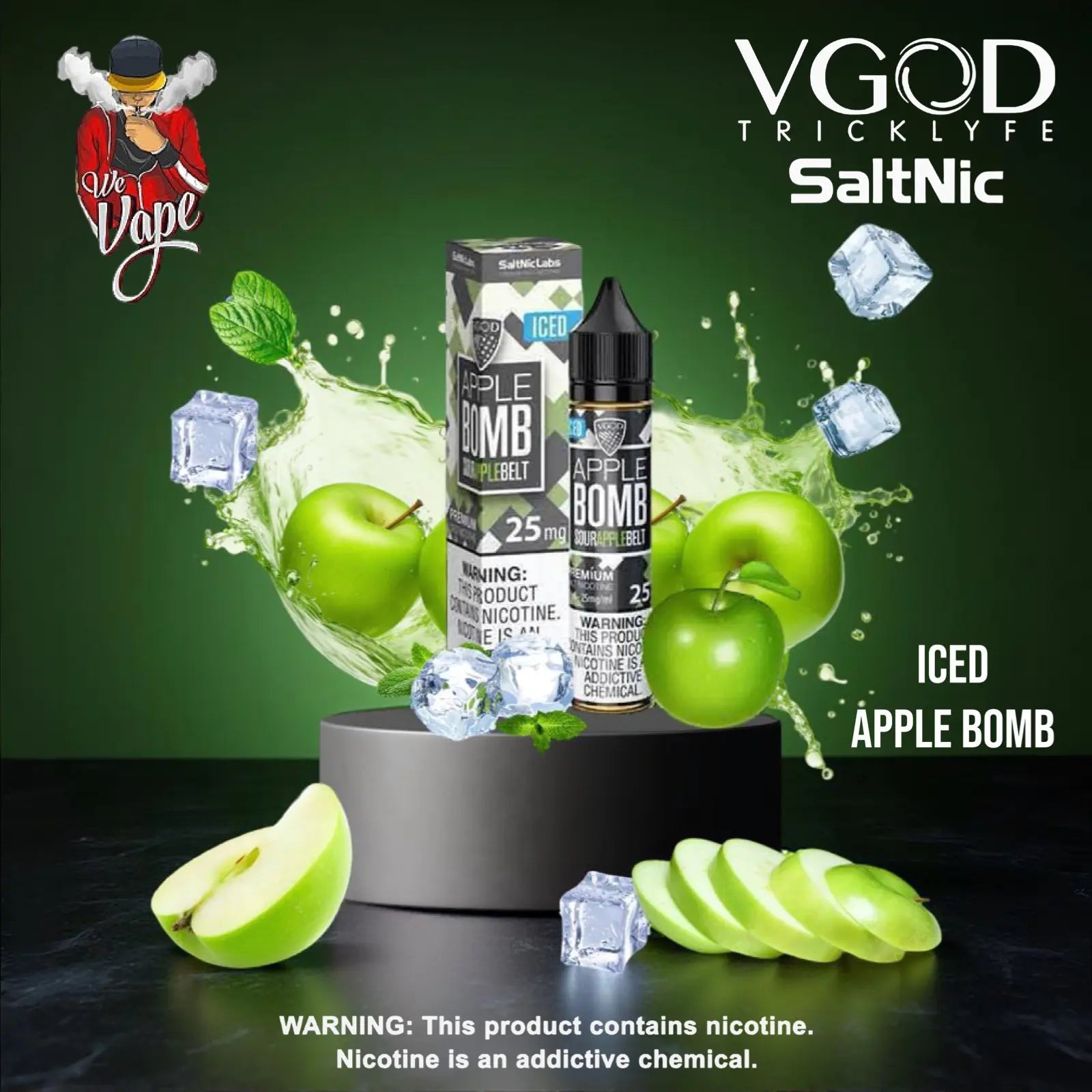 VGOD Tricklelyfe SaltNic Apple Bomb vape juice packaging with green apples and ice cubes on a dark background. ORDER NOW and  get FREE Delivery.