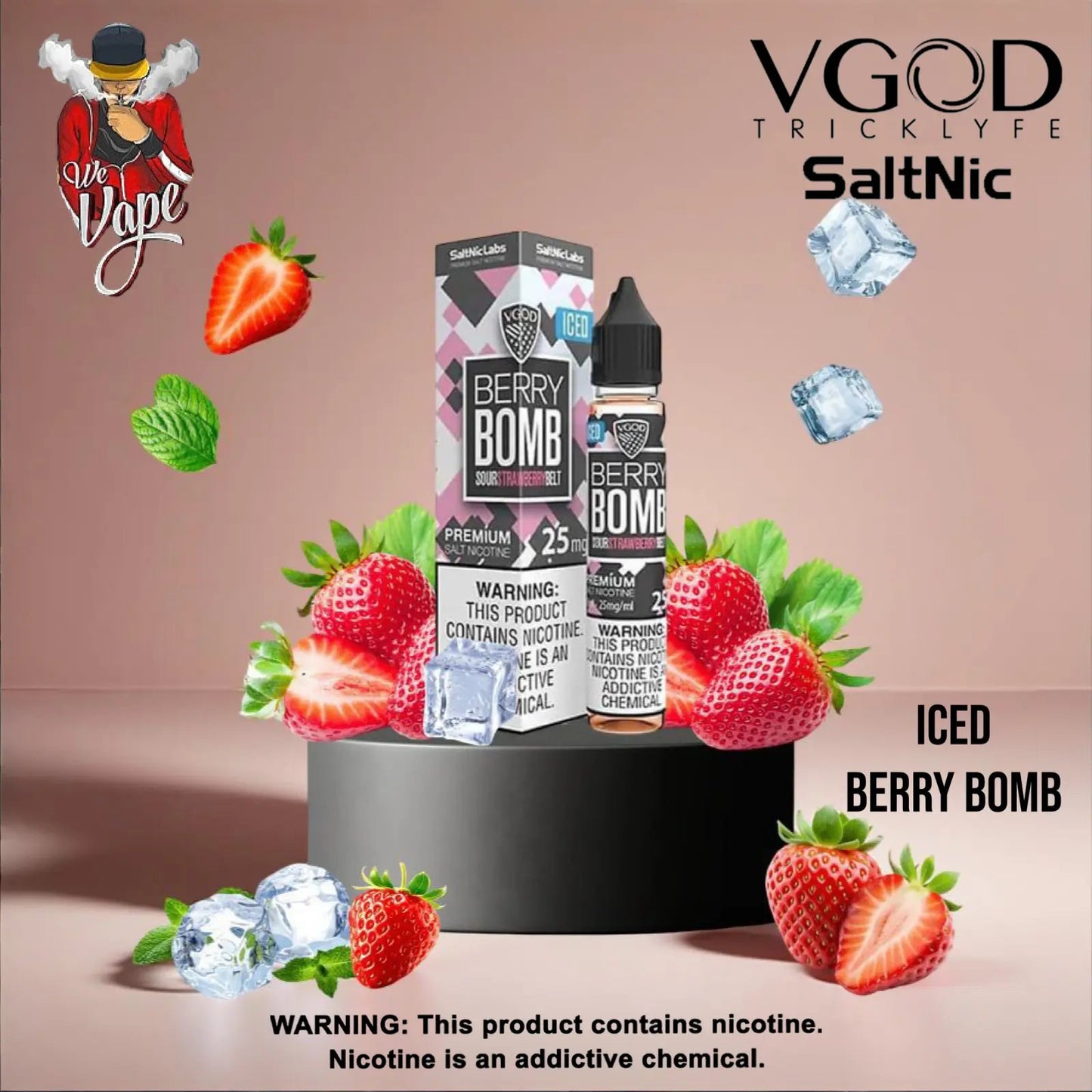 Vape product with berries and ice cubes on a beige background, featuring VGOD branding. Order Now and get FREE Delivery.