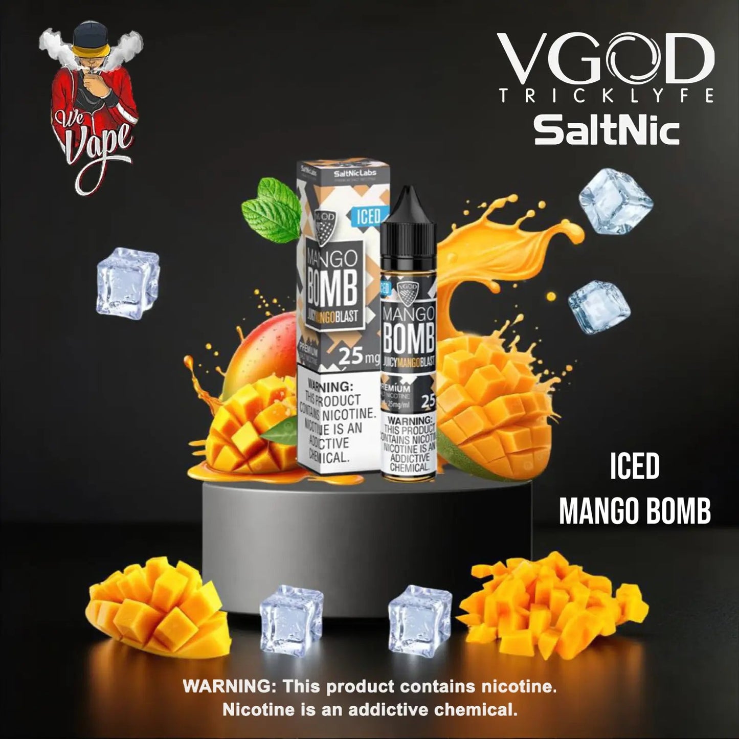 VGOD Tricklyfe SaltNic ICED MANGO BOMB vape juice packaging with mango slices and ice cubes on a dark background. Order Now and get FREE Delivery.