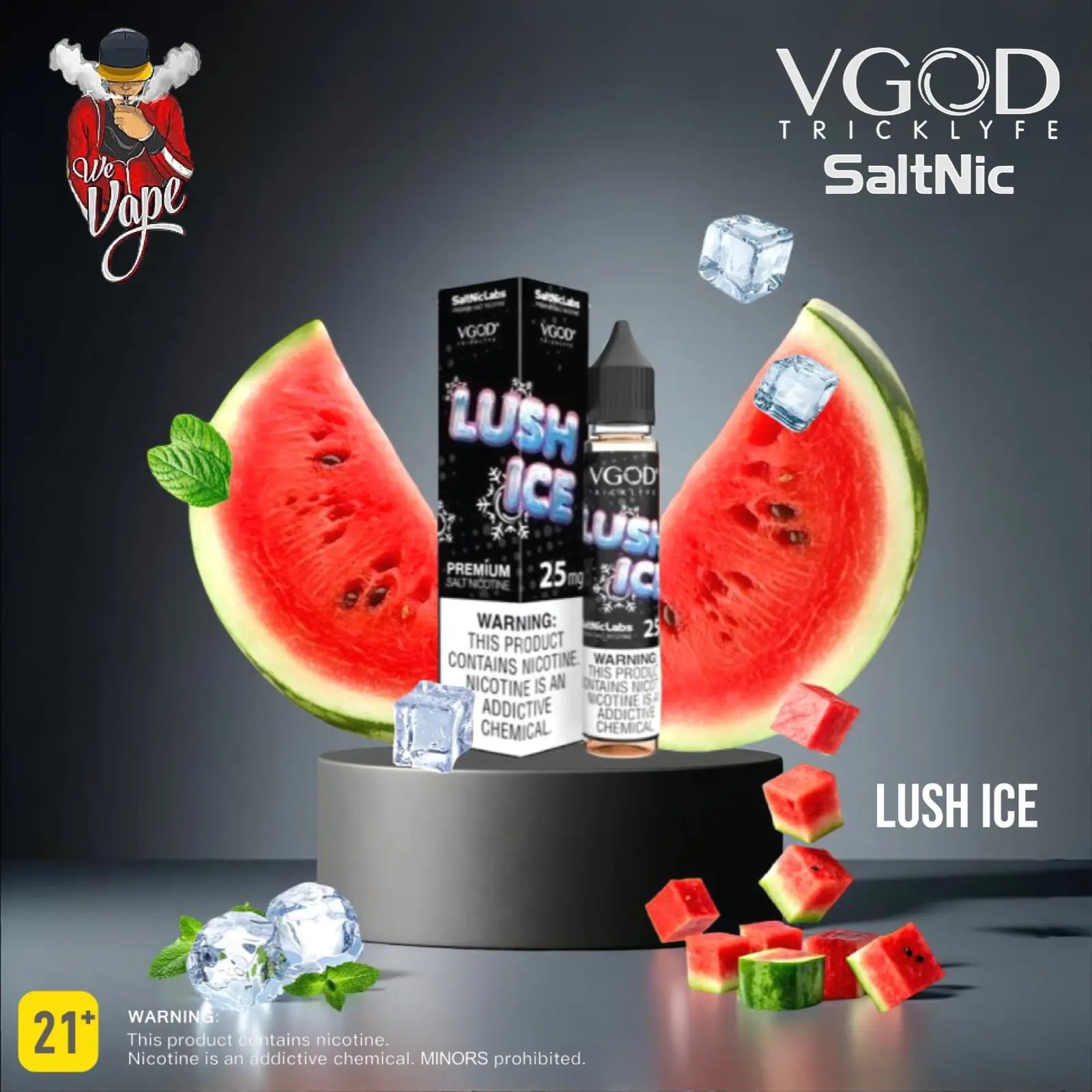 VGOD Lush Ice vape juice packaging with watermelon slices and ice cubes on a dark background. Order Now and get FREE Delivery.
