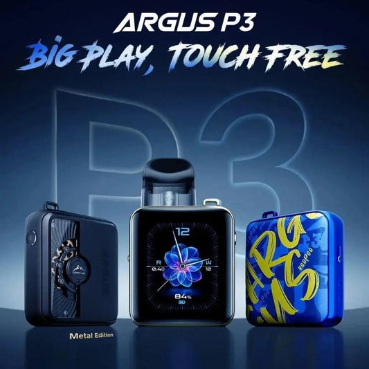 Three ARGUS P3 devices on a dark background with 'Big Play, Touch Free' text.