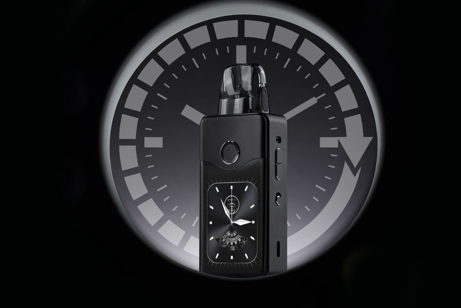 Voopoo Vinci E120 High-Power Vape Kit with Long Battery Life and Gene.AI Chip in black background with clock design
