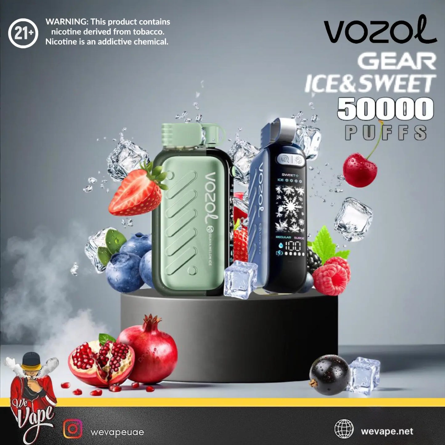 VOZOL vape device with fruits and ice cubes on a gray background