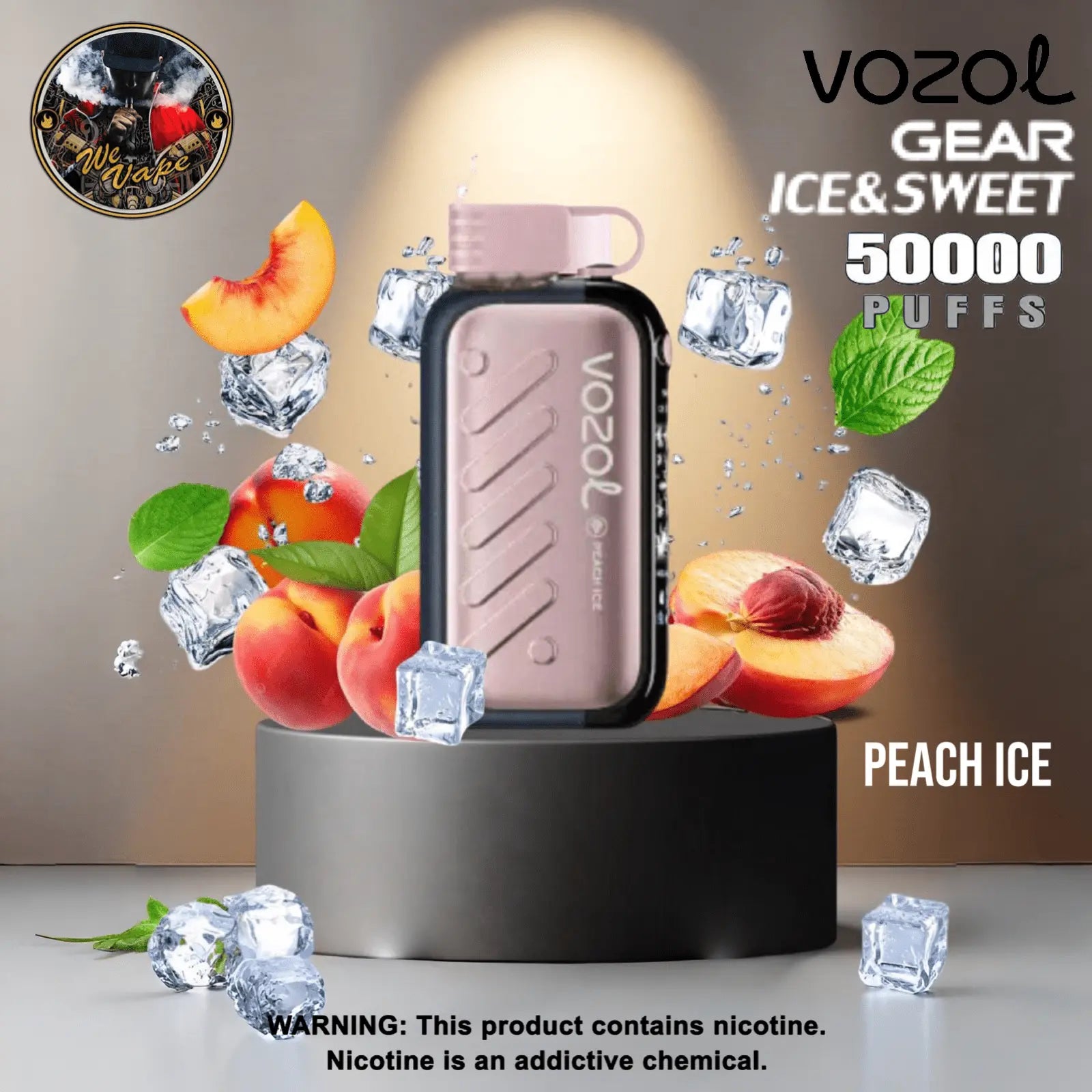 VOZOL vape device with peach and ice elements on a gray background. ORDER NOW