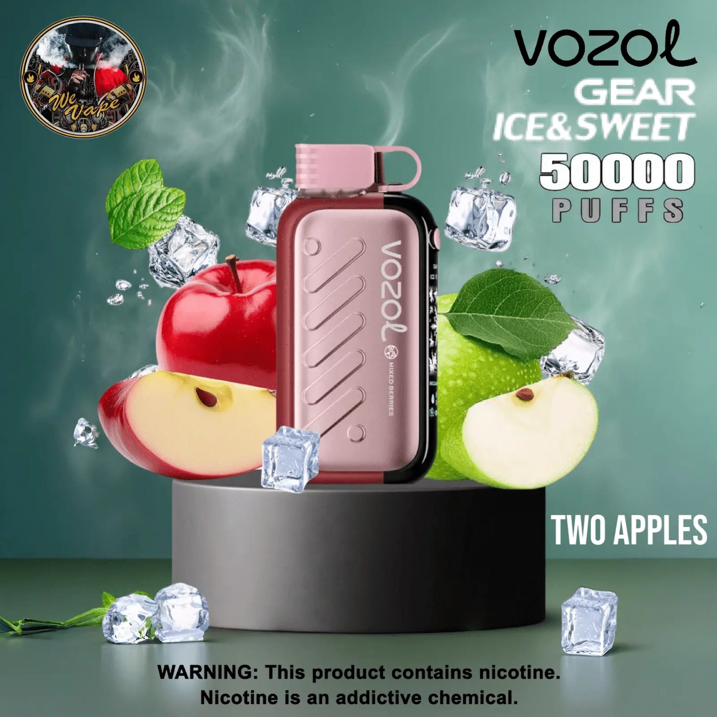VOZOL vape device with apples and ice cubes on a green background. Order Now