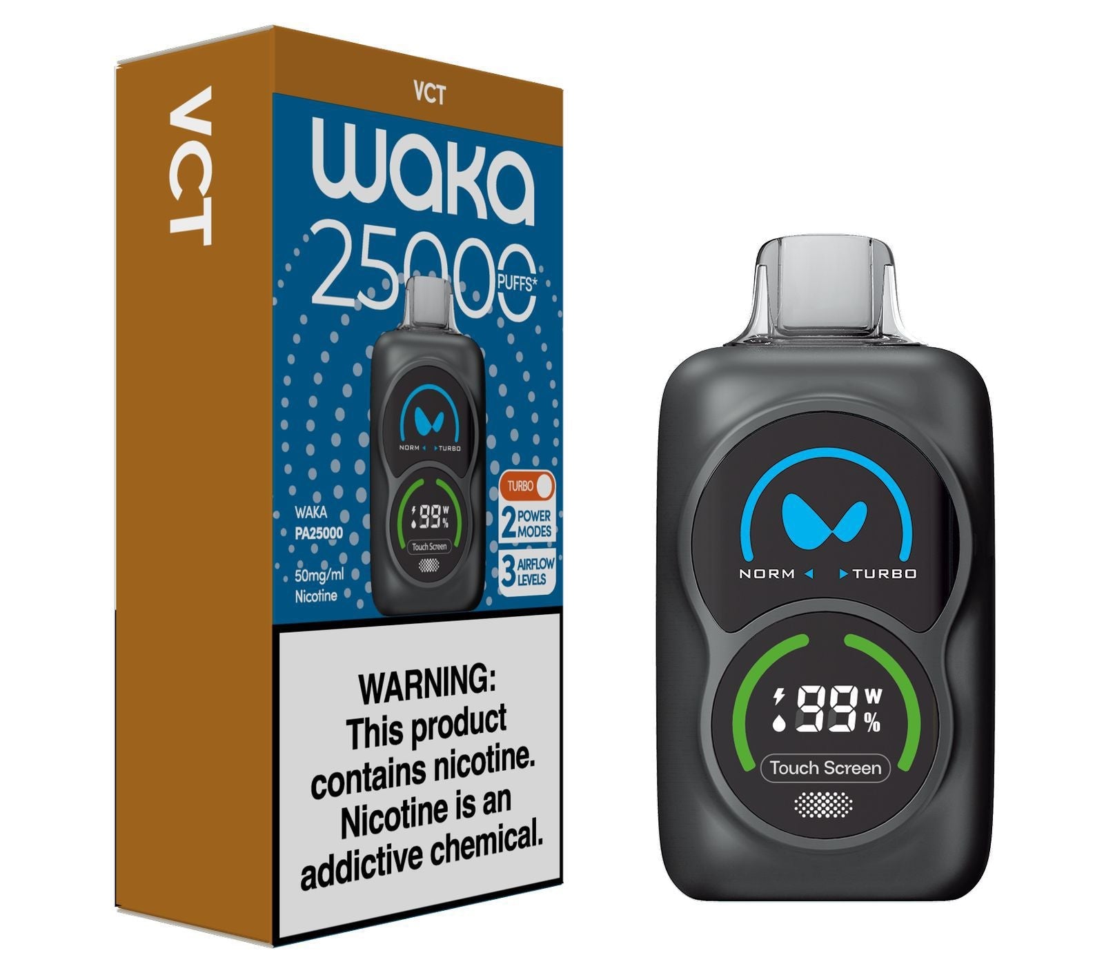 Waka PA25000 Puffs 50mg Disposable Vape with packaging box | Ultra High - Capacity Rechargeable Vape Pod in VCT Flavor and white background