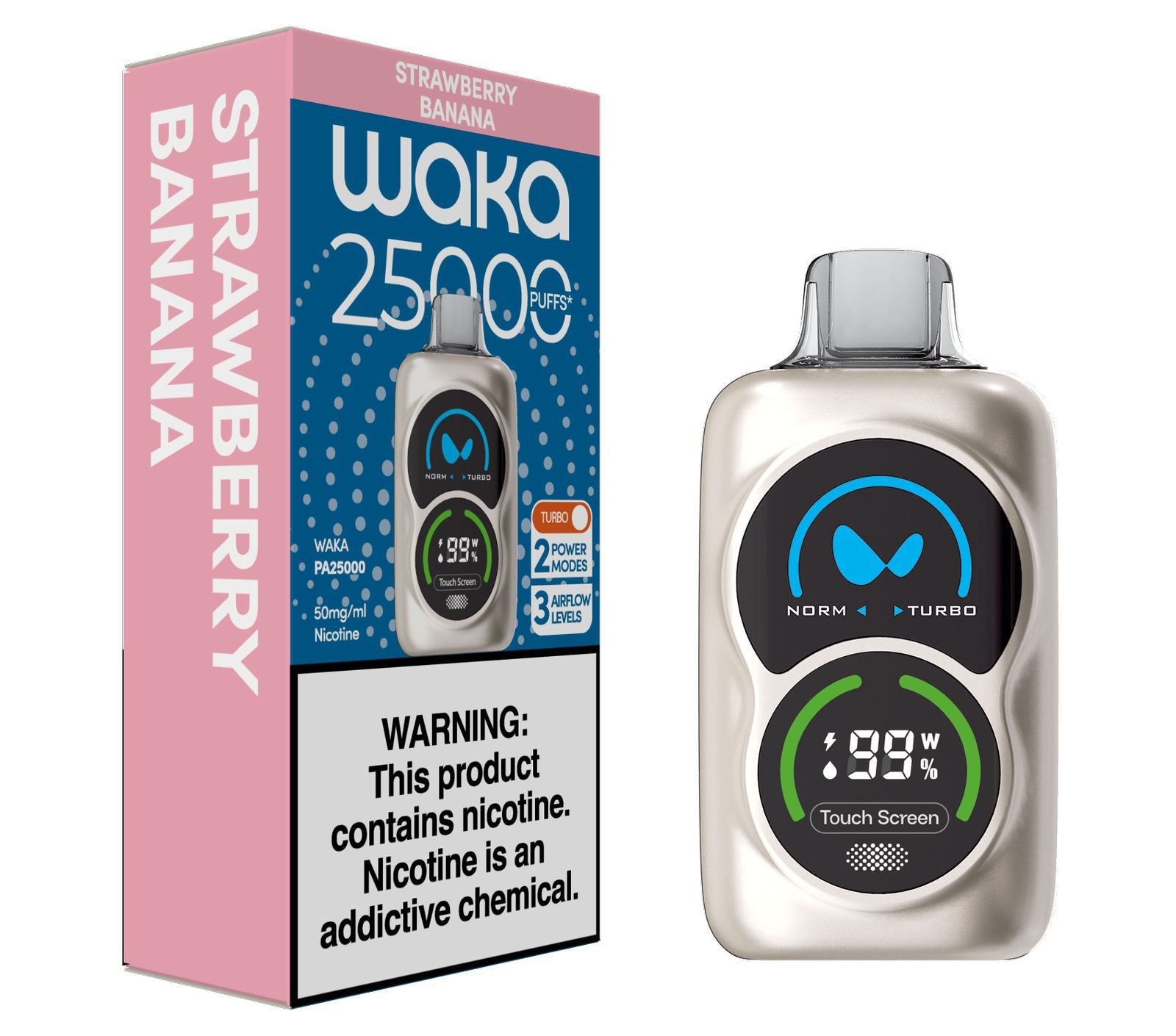 Waka PA25000 Puffs 50mg Disposable Vape with packaging box | Ultra High - Capacity Rechargeable Vape Pod in strawberry banana Flavor and white background