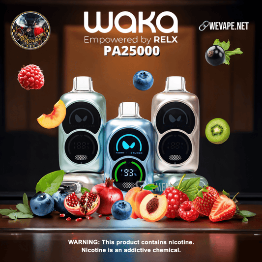 Waka PA25000 Puffs 50mg Disposable Vape | Ultra High - Capacity Rechargeable Vape Pod in different flavors with led screen display, fruits in front, in dark brown background.
