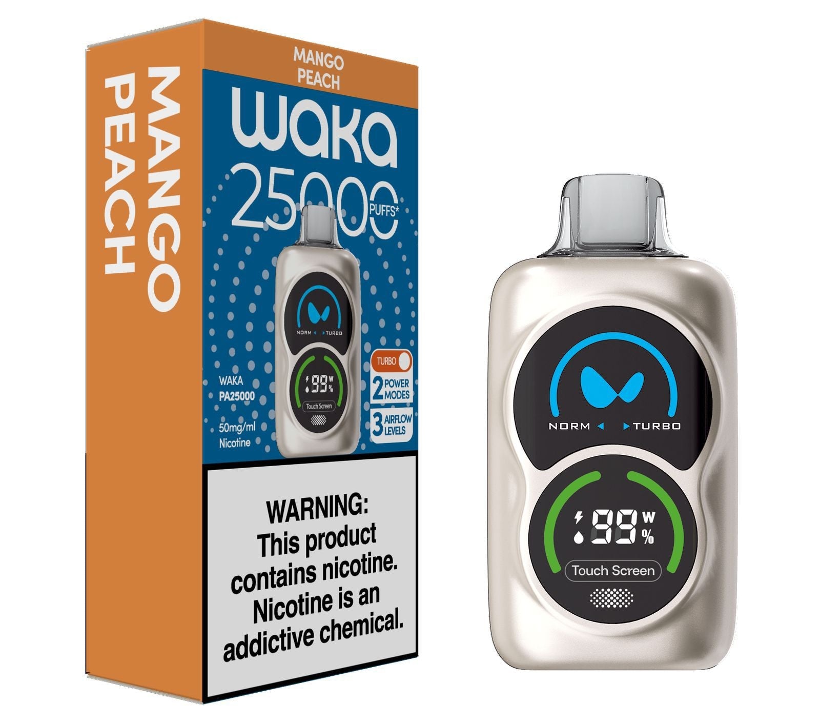 Waka PA25000 Puffs 50mg Disposable Vape with packaging box | Ultra High - Capacity Rechargeable Vape Pod in mango peach Flavor and white background