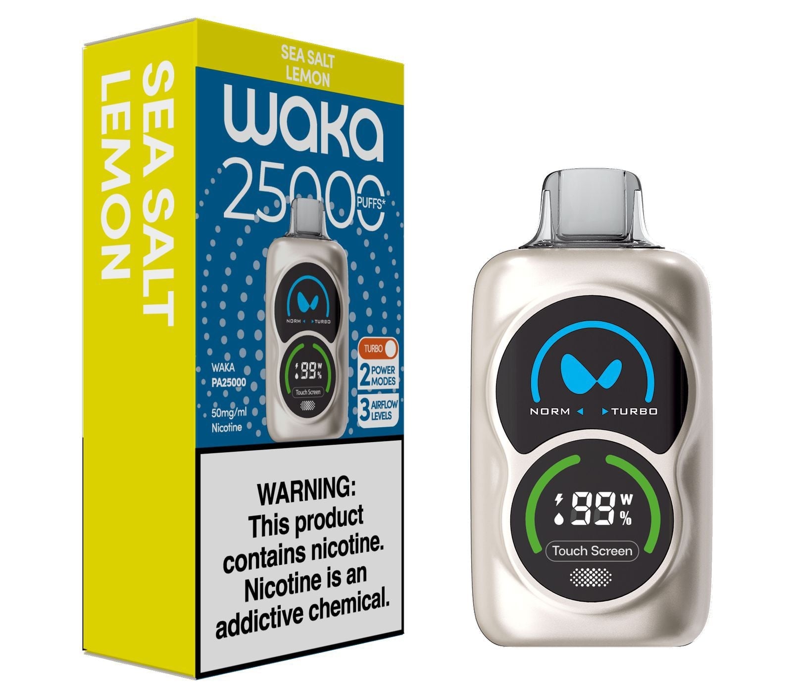 Waka PA25000 Puffs 50mg Disposable Vape with packaging box | Ultra High - Capacity Rechargeable Vape Pod in sea salt lemon-Flavor and white background