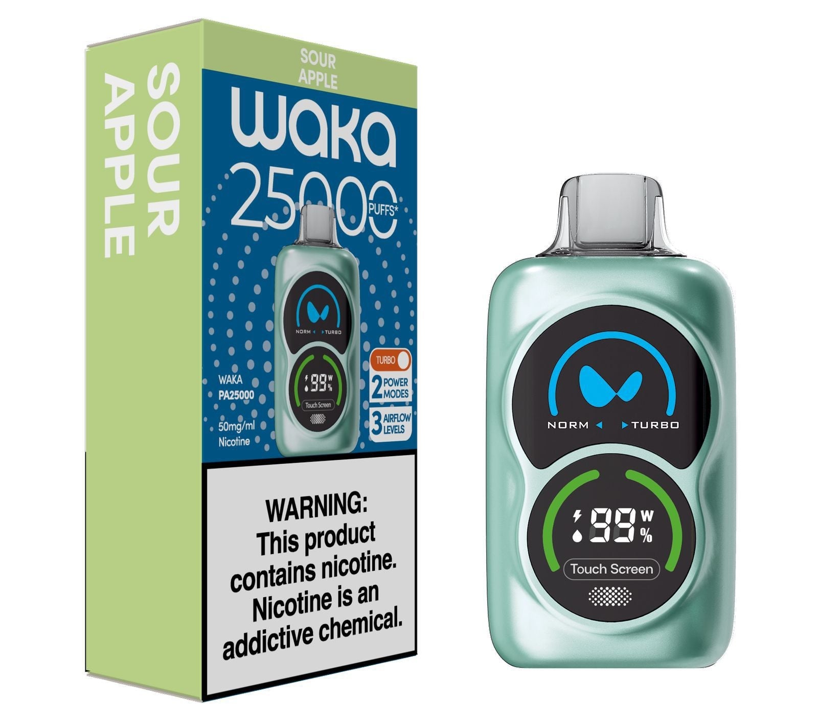 Waka PA25000 Puffs 50mg Disposable Vape with packaging box | Ultra High - Capacity Rechargeable Vape Pod in sour apple Flavor and white background